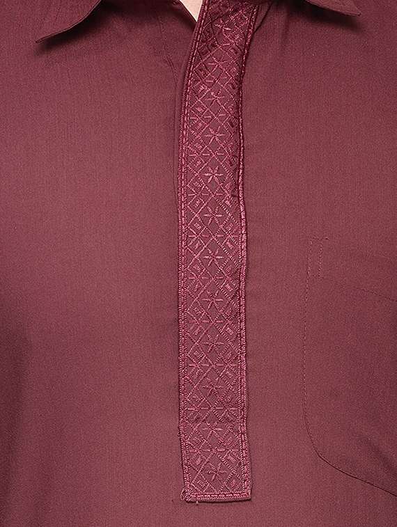 solid maroon cotton kurta pyjama set - 13270136 - Standard Image - 3