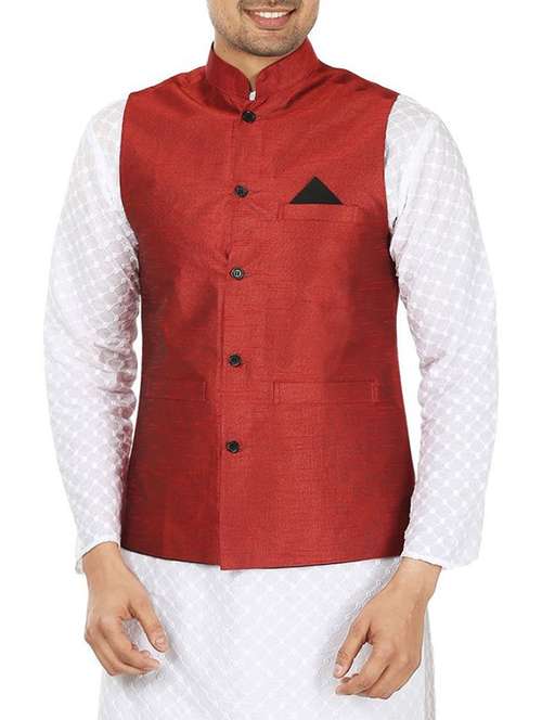 solid maroon polyester nehru jacket - 13270140 -  Standard Image - 0