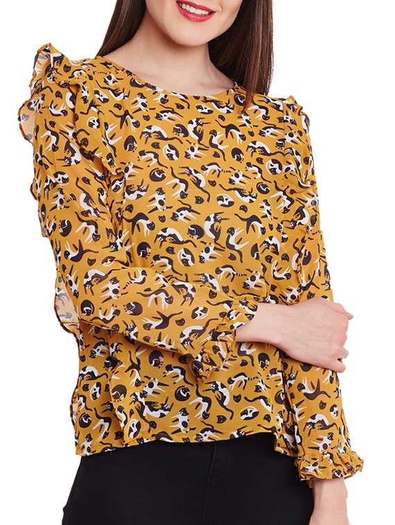 cat print ruffle detail top