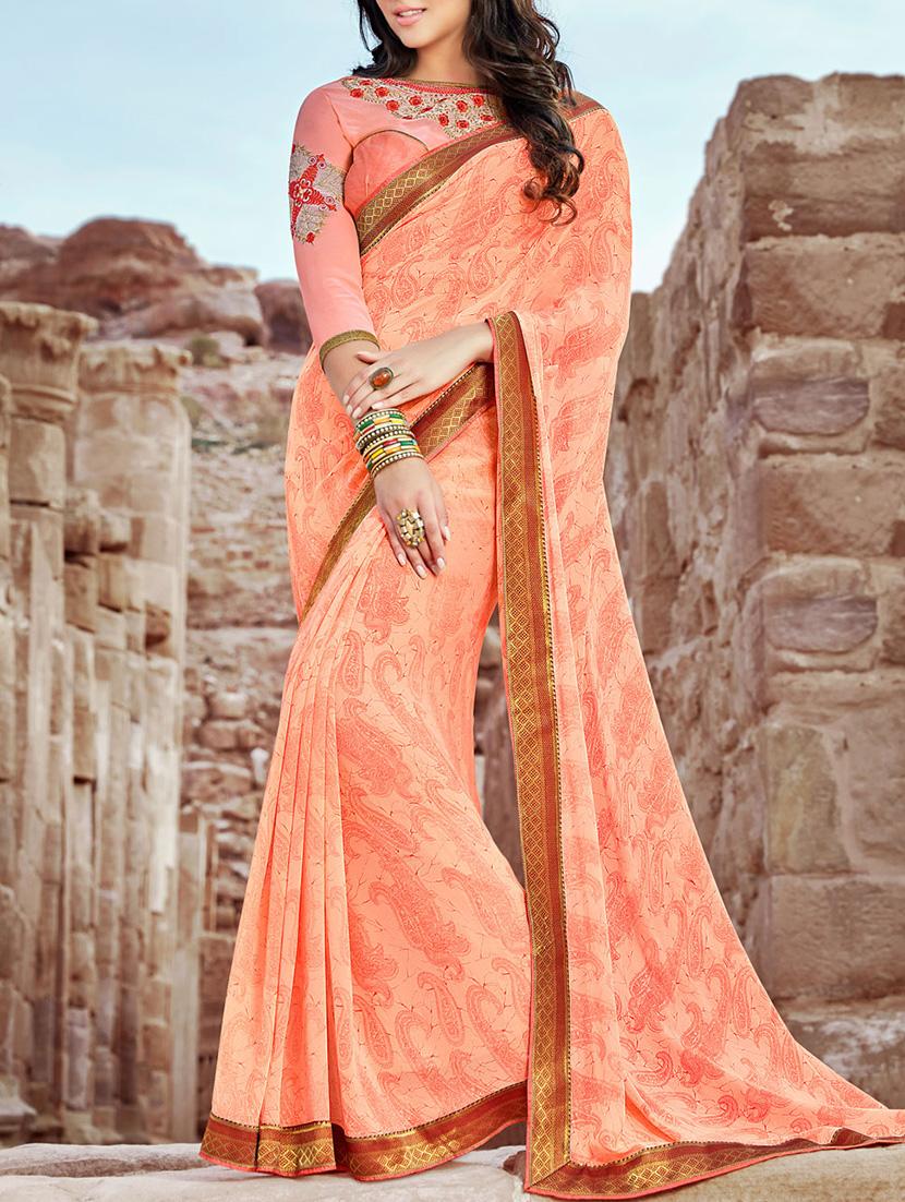 peach georgette printed saree with blouse - 13277720 - Zoom Image - 0