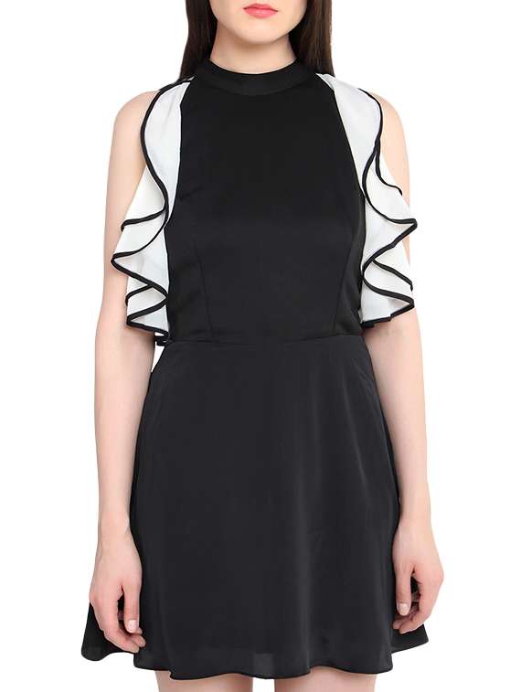 black sleeveless dress with monochrome side panels