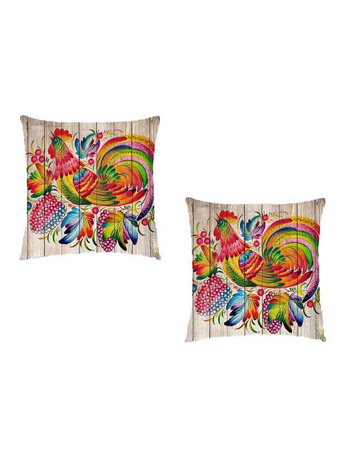 digitally printed cushion cover of colorful hen on wooden fence set of two - 13284810 - Standard Image - 0