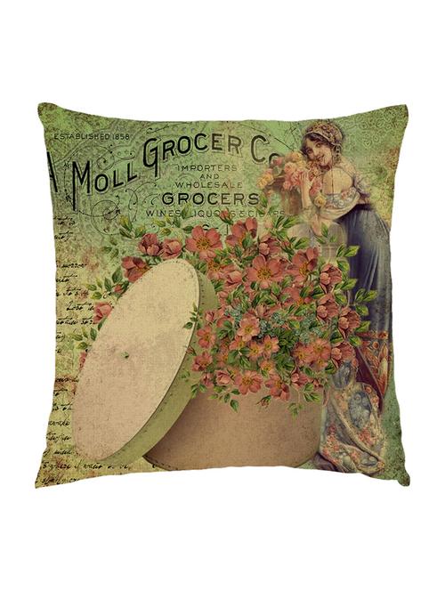 digitaly printed cushion cover of an vintage flowers and standing lady - 13285604 - Standard Image - 0