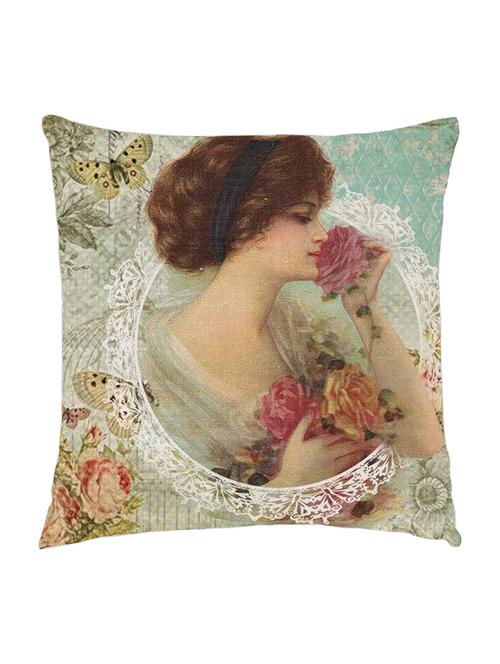 digitaly printed cushion cover of an  vintage lady enjoying the fragrance of flowers. - 13285611 -  Standard Image - 0