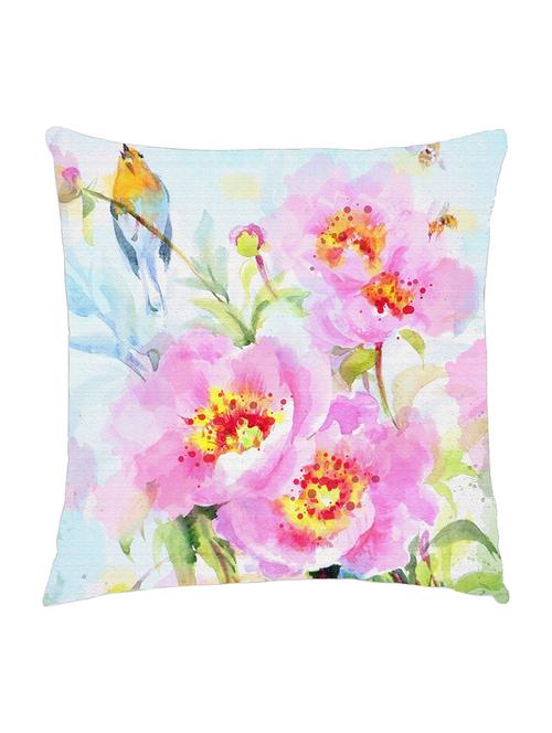 digitally printed cushion cover of pink flowers and a small bird - 13285625 - Standard Image - 0