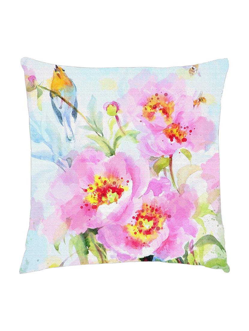 digitally printed cushion cover of pink flowers and a small bird - 13285625 - Zoom Image - 0