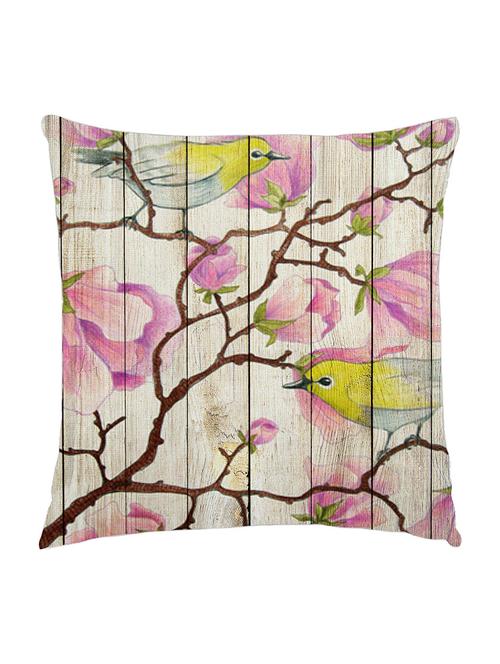 digitally printed cushion cover of pink flowers and birds painted on wooden fence - 13285627 - Standard Image - 0