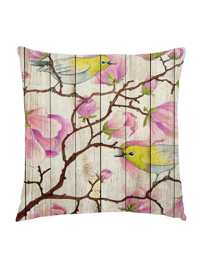 digitally printed cushion cover of pink flowers and birds painted on wooden fence - 13285627 - Zoom Image - 0