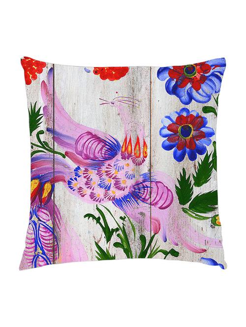 digitally printed cushion cover of watercolor painted flowers and bird on wooden plank - 13285632 -  Standard Image - 0