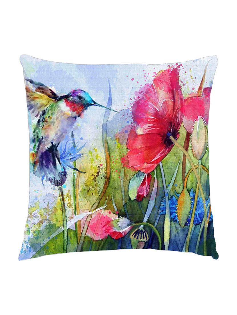 digitally printed cushion cover of watercolor painted flying bird and red flowers - 13285647 - Zoom Image - 0