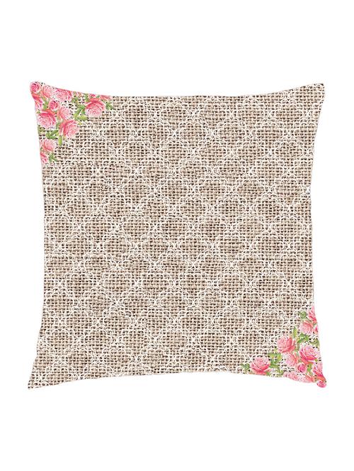 digitally printed cushion cover of jute texture in background and pink flowers - 13285656 - Standard Image - 0