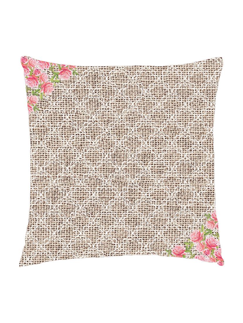 digitally printed cushion cover of jute texture in background and pink flowers - 13285656 - Zoom Image - 0