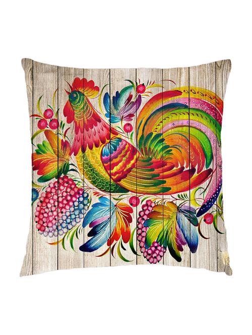 digitally printed cushion cover of colorful hen on wooden fence - 13285663 - Standard Image - 0