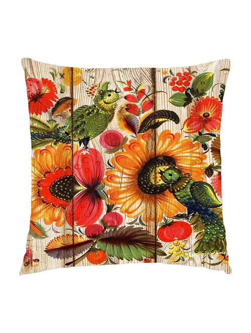 digitally printed cushion cover of flowers and birds on wooden plank - 13285667 - Standard Image - 0