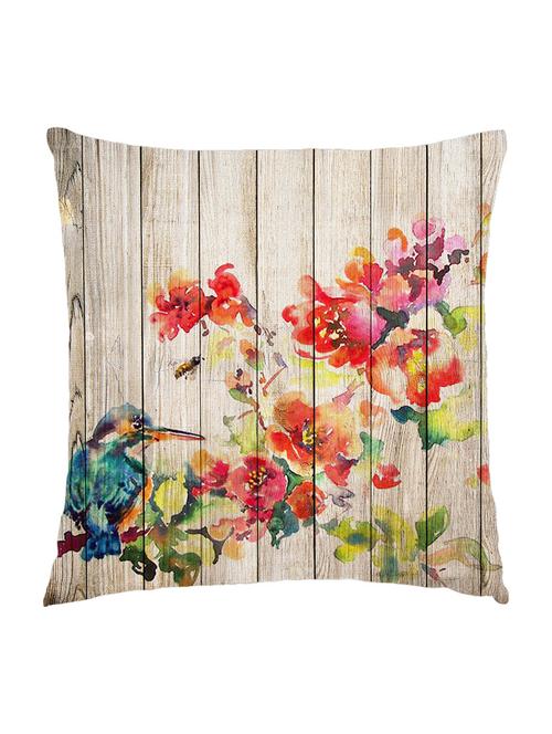 digitally printed cushion cover of flowers and a bird on wooden plank - 13285674 - Standard Image - 0