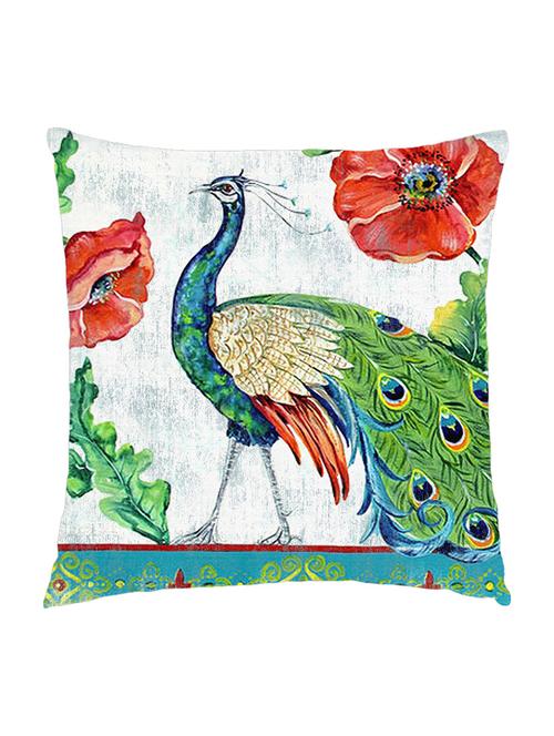 digitally printed cushion cover of a peacock and red flowers - 13285678 -  Standard Image - 0