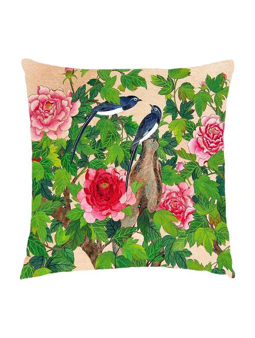 digitally printed cushion cover of leaves, flowers and birds - 13285681 - Standard Image - 0