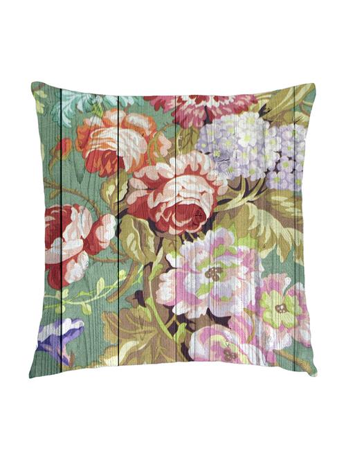 digitally printed cushion cover of vintage multi colored flowers on wooden plank - 13285702 -  Standard Image - 0