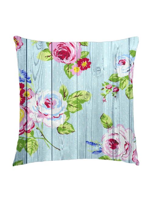 digitally printed cushion cover of blue wooden plank and white-red roses - 13285704 - Standard Image - 0