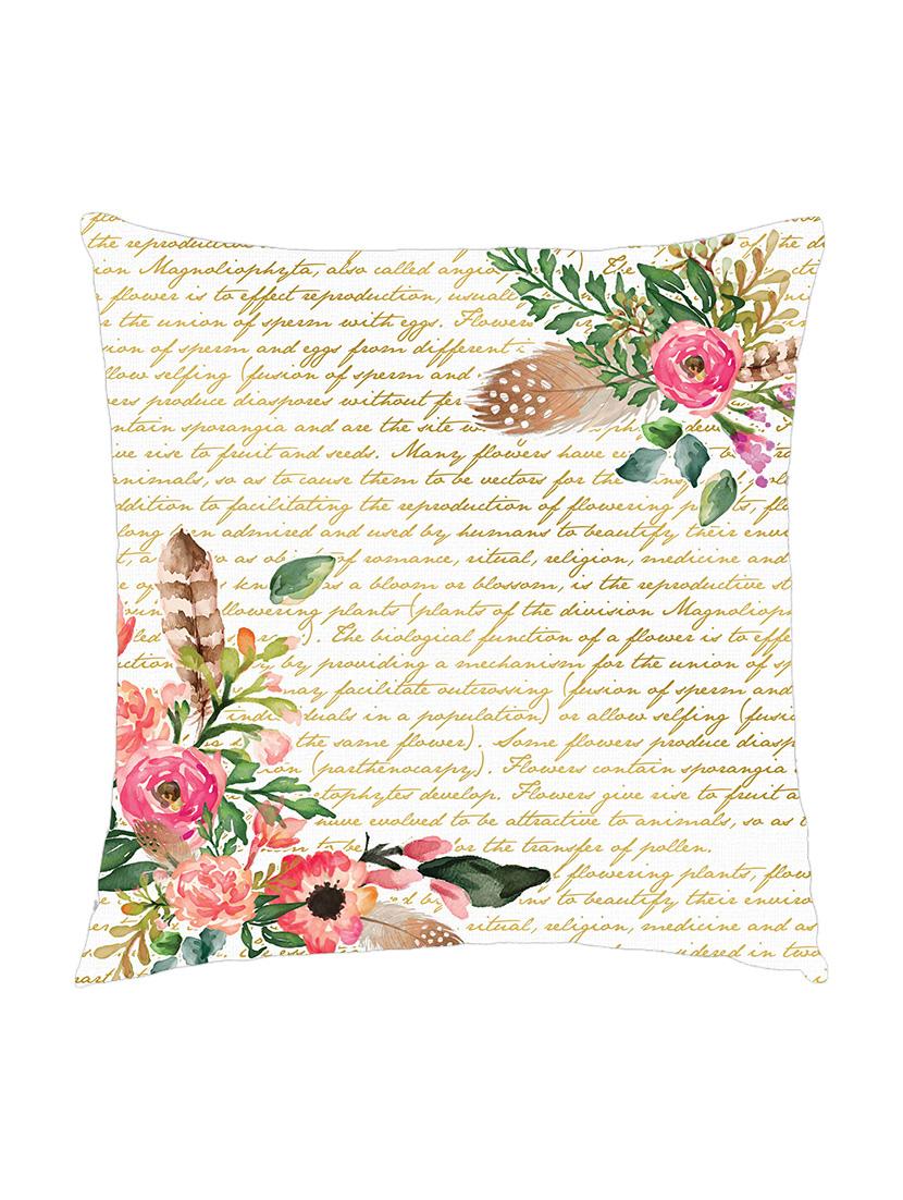 digitally printed cushion cover of flowers and leaves on write up texture - 13285749 - Zoom Image - 0