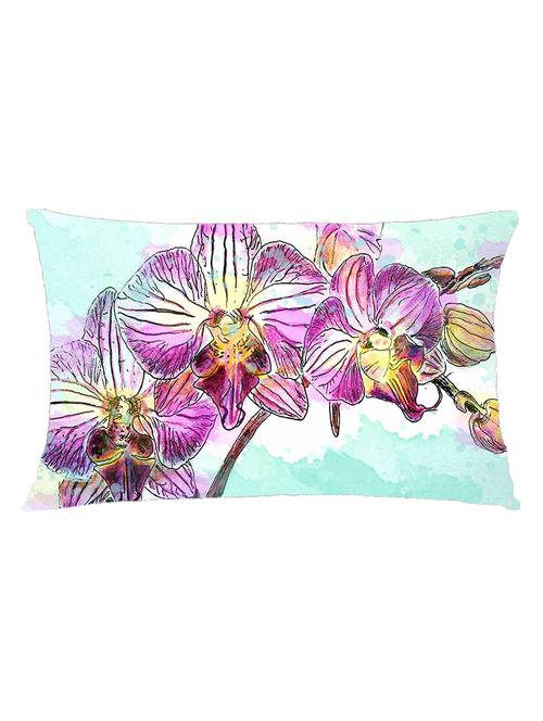 digitally printed cushion cover of pink flowers on blue - 13285787 - Standard Image - 0