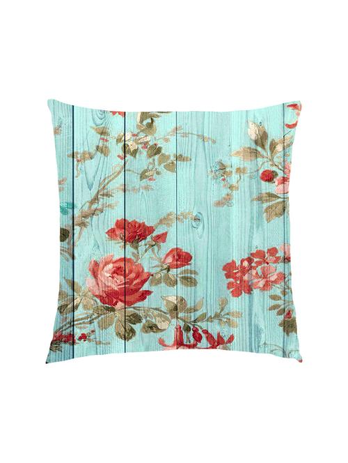 digital printed cushion cover with roses on blue wooden plank. - 13285802 - Standard Image - 0