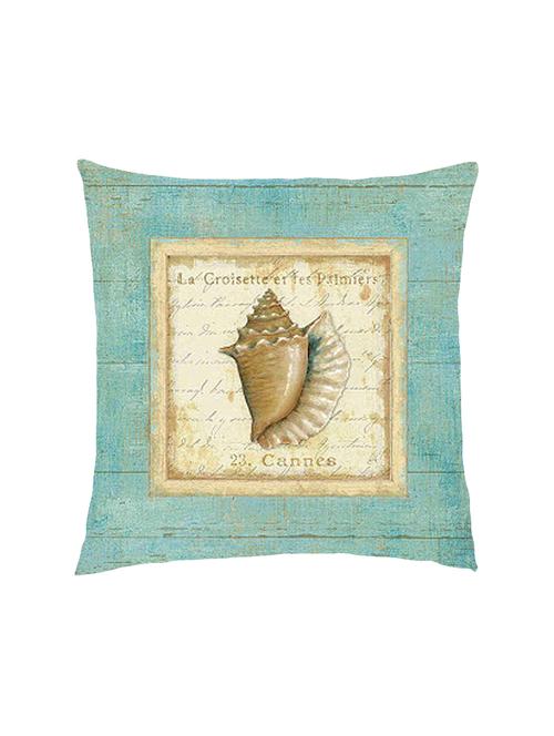 digital printed cushion cover with marine shell on blue wooden background - 13285822 - Standard Image - 0