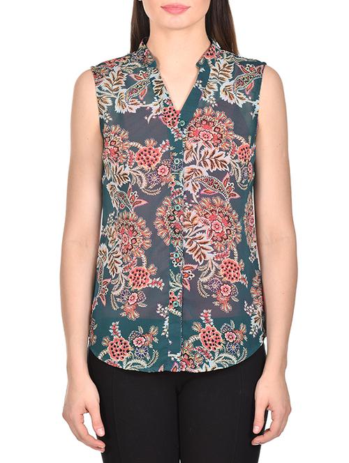green printed georgette regular shirt - 13286278 - Standard Image - 0