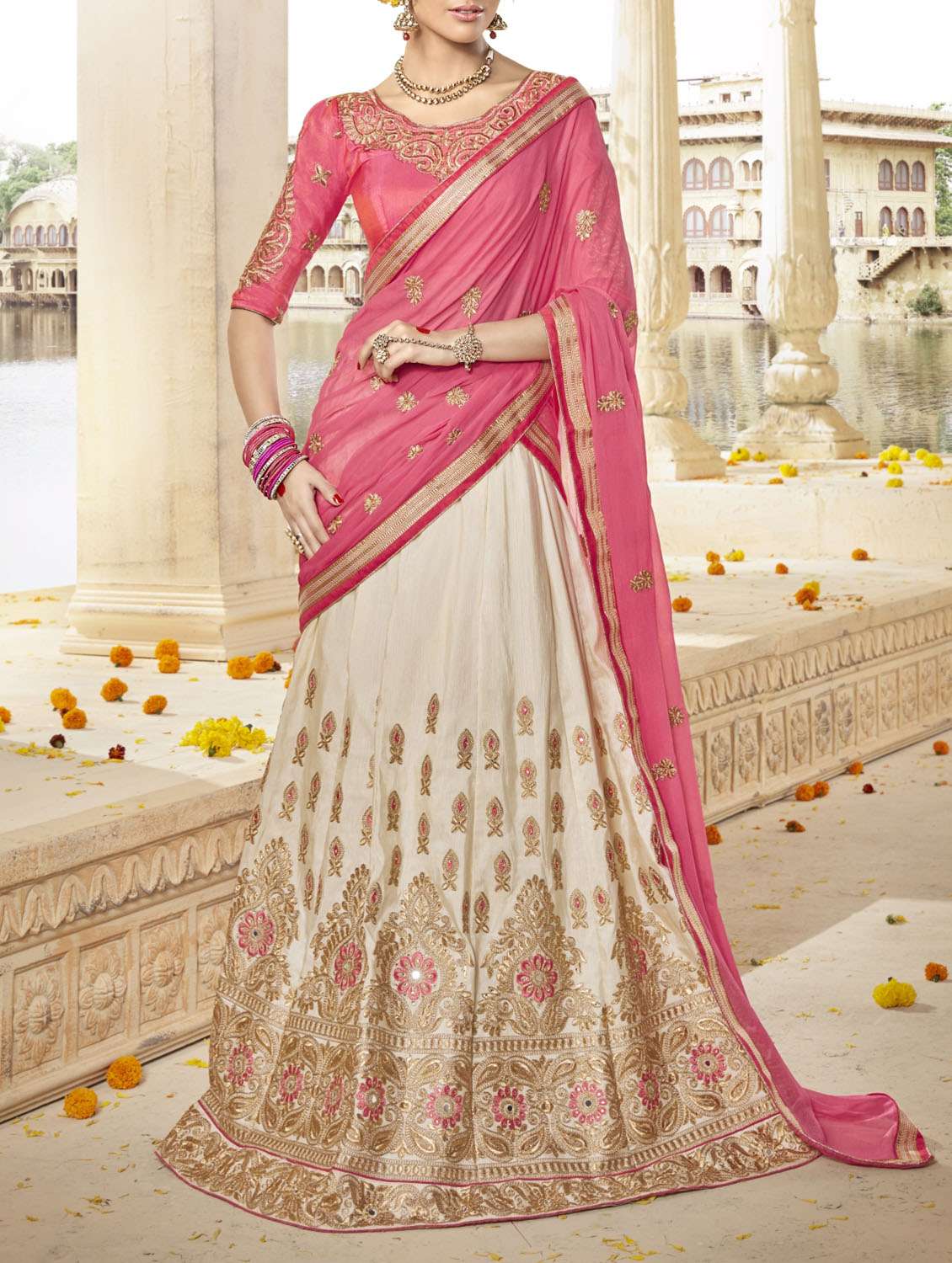 beige art silk embroidered panelled lehenga