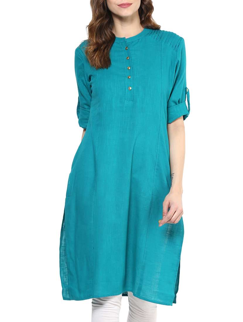 blue cotton blend straight solid kurta