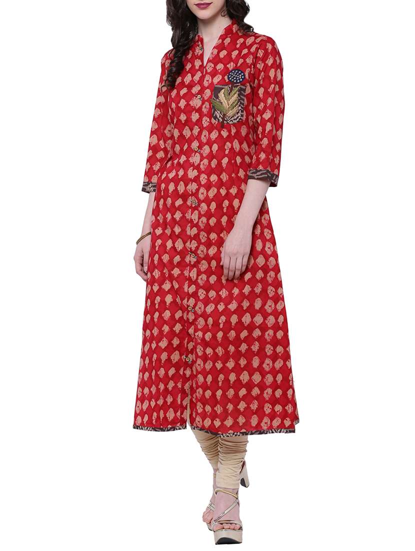red cotton emboidered a-line kurta