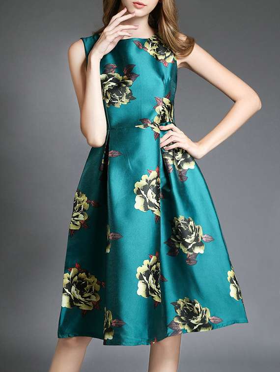 green taffeta fit & flare dress