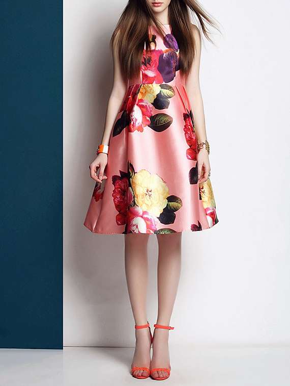pink floral printed taffeta dress