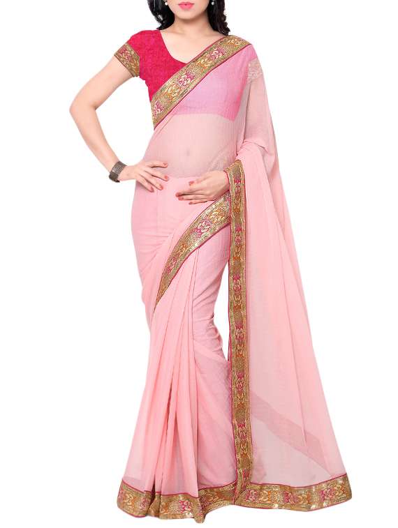 pink chiffon bordered saree with blouse