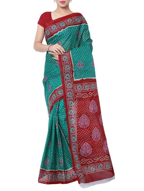 green cotton bandhani saree with blouse - 13308111 - Standard Image - 0