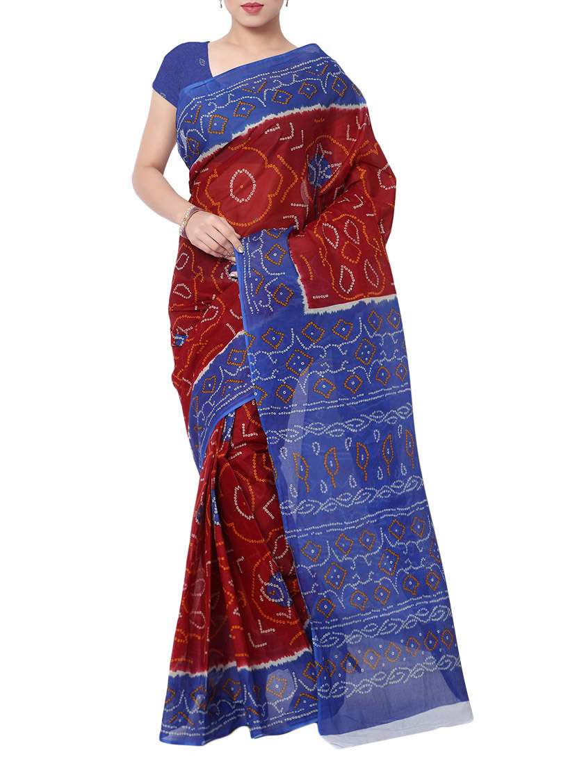women's printed maroon colored saree with blouse