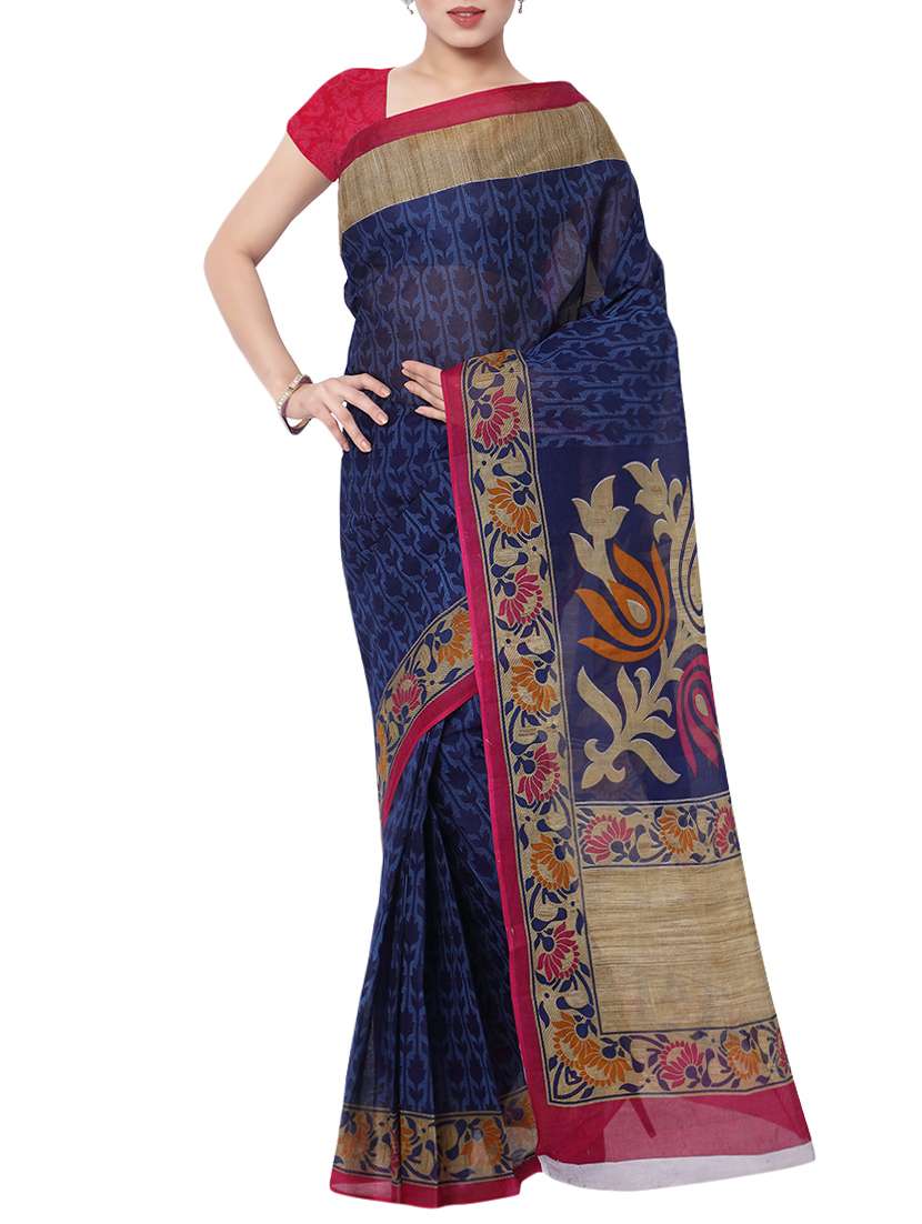 women's floral navy blue colored saree with blouse