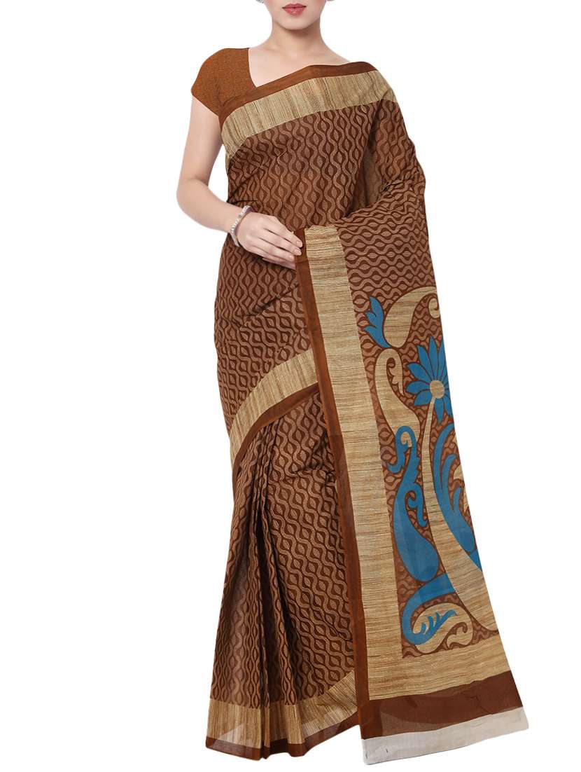 women's printed brown colored saree with blouse