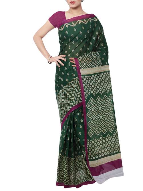 women's printed bottle green colored saree with blouse - 13308164 -  Standard Image - 0