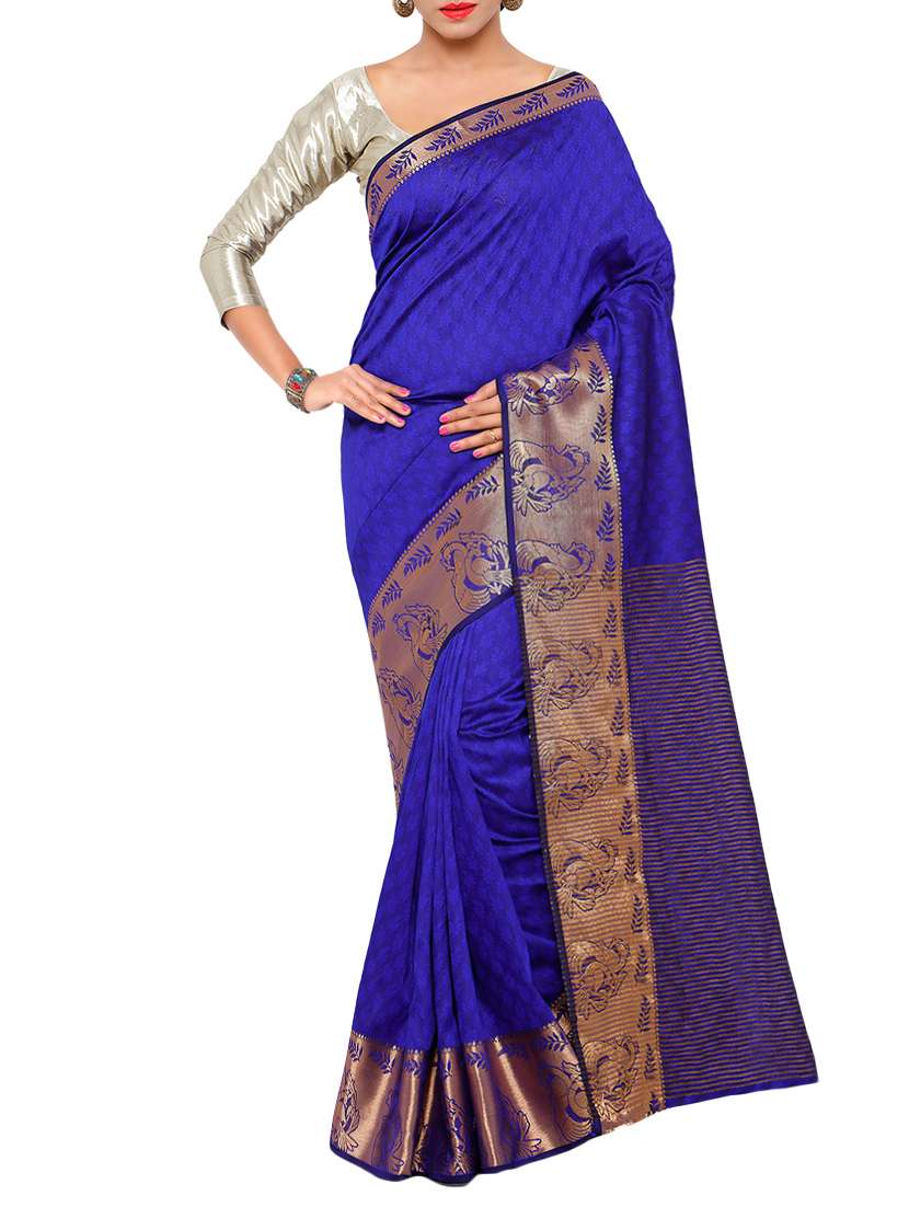 women's self design royal blue colored saree with blouse