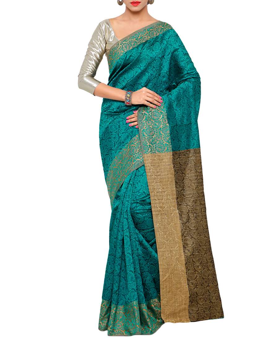 women's self design turquoise colored saree with blouse