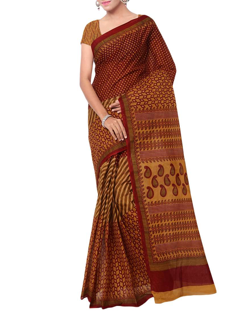 women's floral brown colored saree with blouse