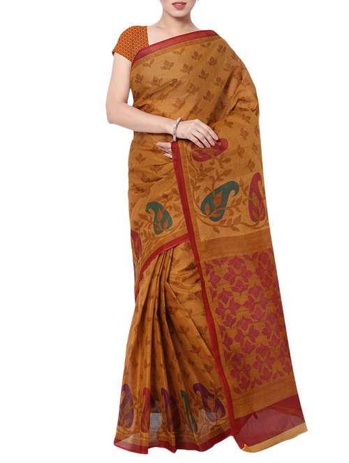 women's printed mustard colored saree with blouse - 13308195 - Standard Image - 0