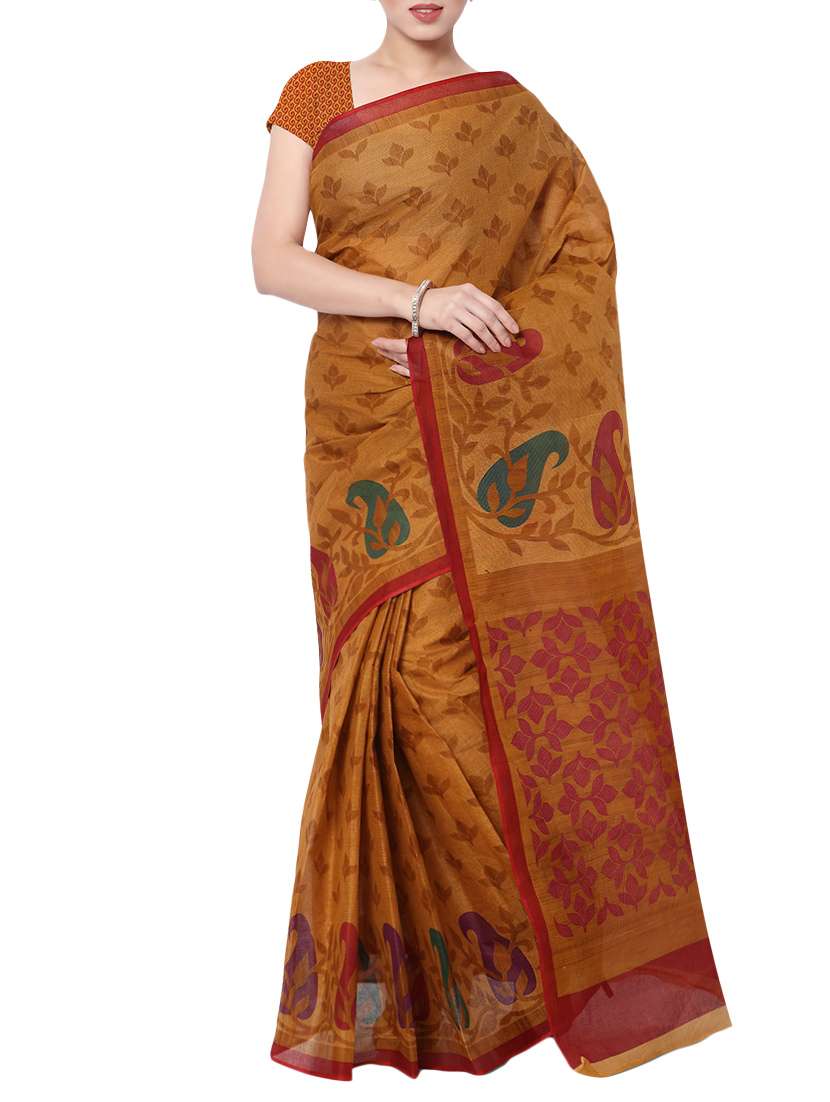 women's printed mustard colored saree with blouse - 13308195 - Zoom Image - 0