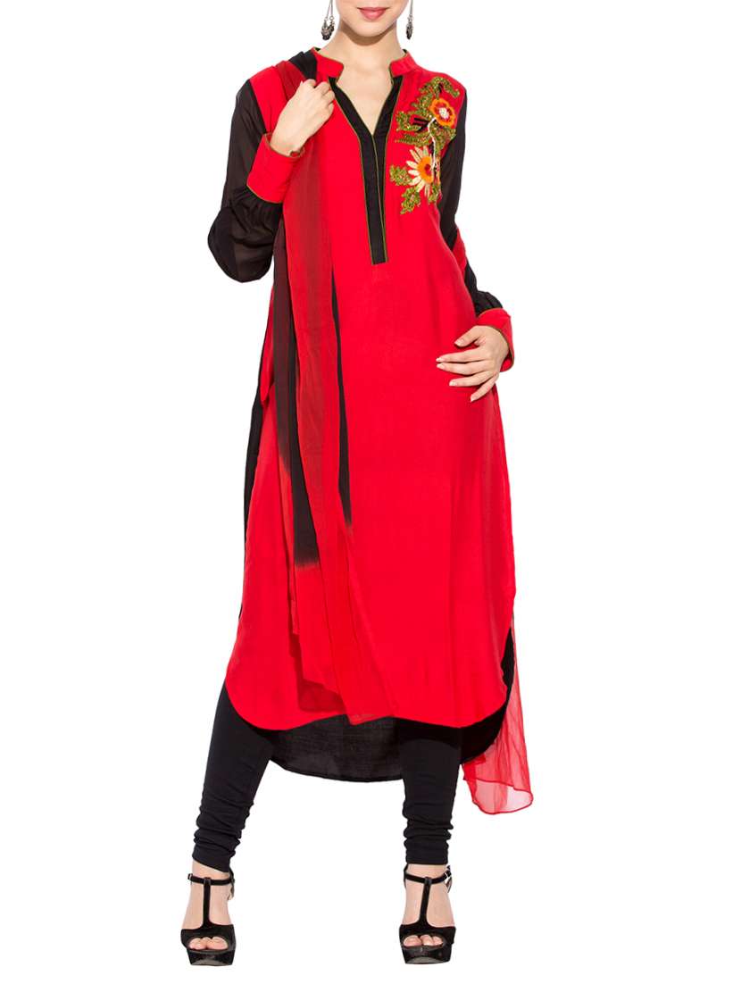 embroidered round hemline kurta with churidaar suit set