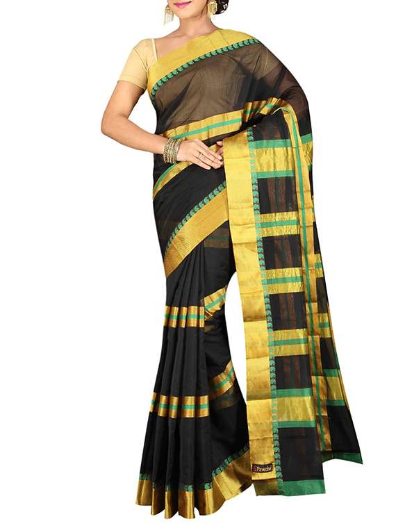black cotton blend woven saree with blouse