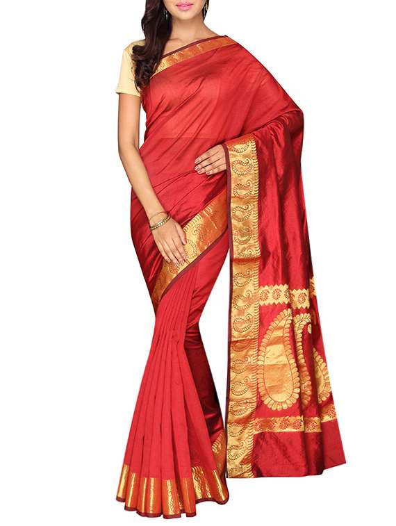 maroon cotton blend bordered saree with blouse