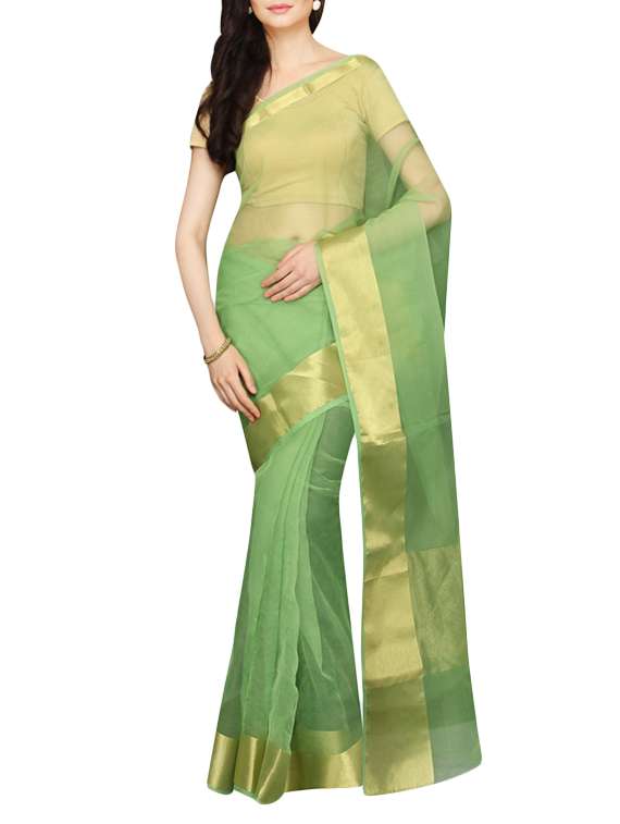 green cotton blend bordered saree with blouse