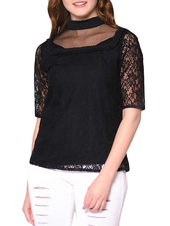 mock neck floral lace top