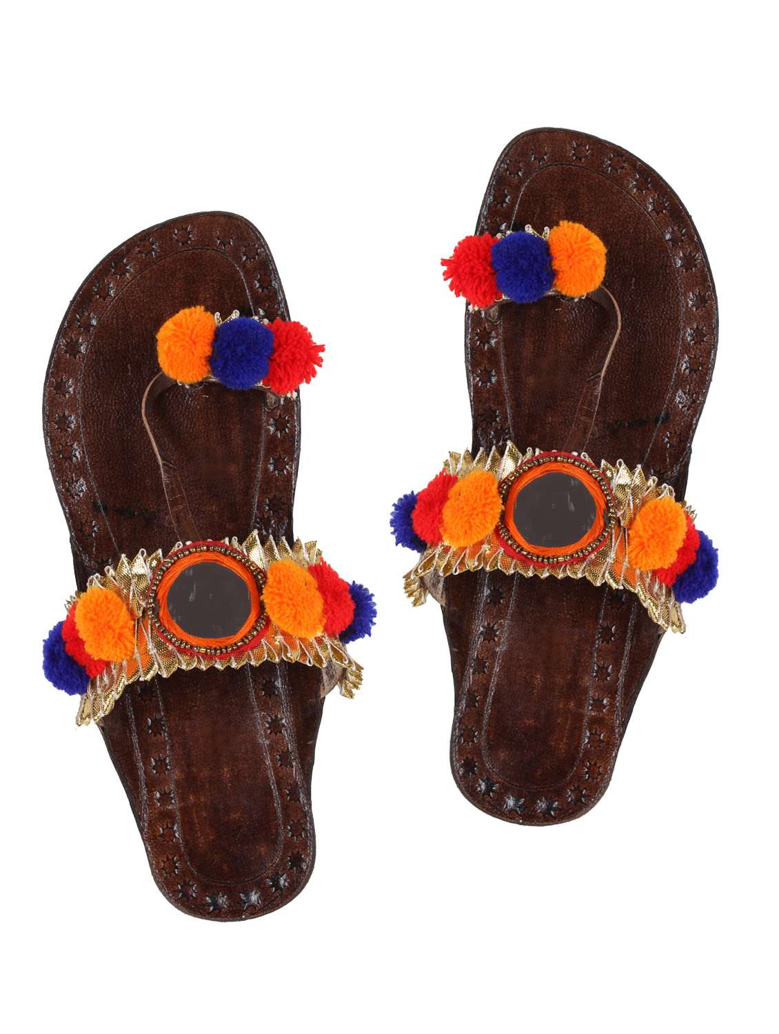 multi colored pom poms one toe kolhapuri